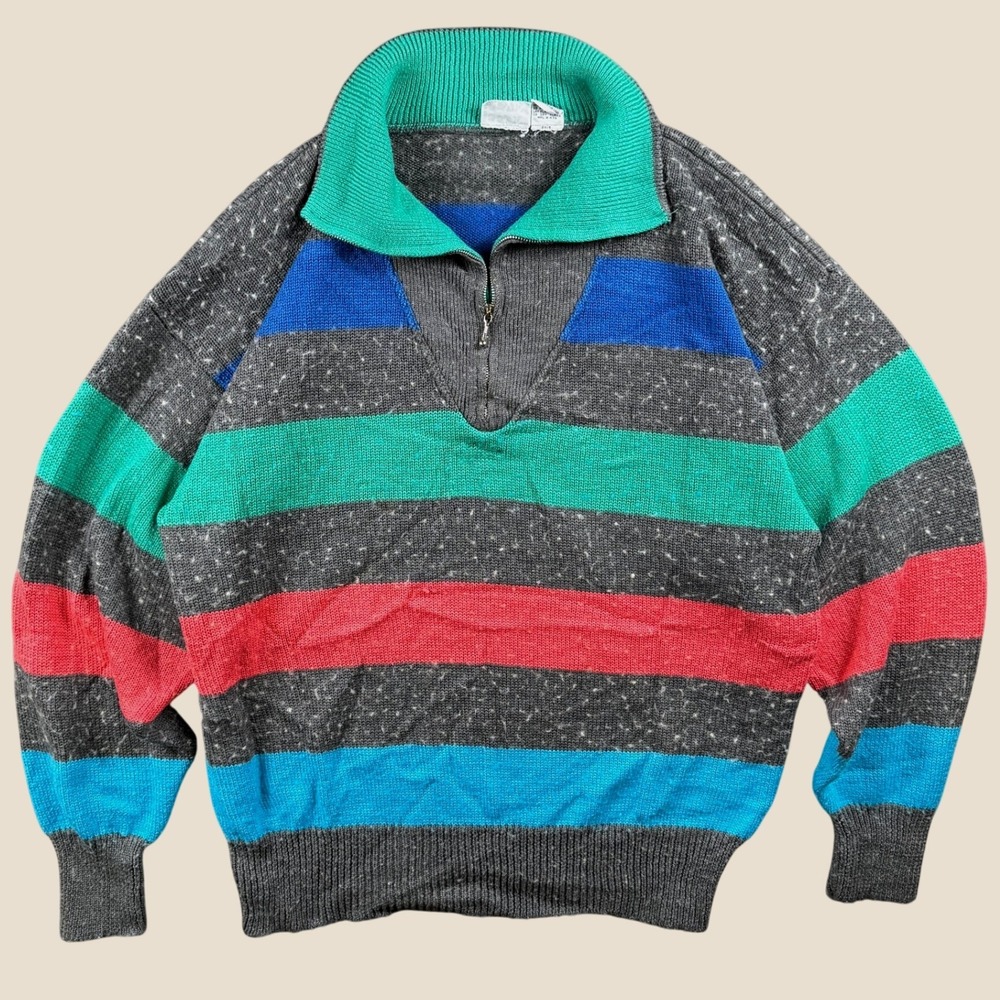 Vintage Leon Levin Quarter Zip Sweater Women XL Striped Wool Blend 80s Retro